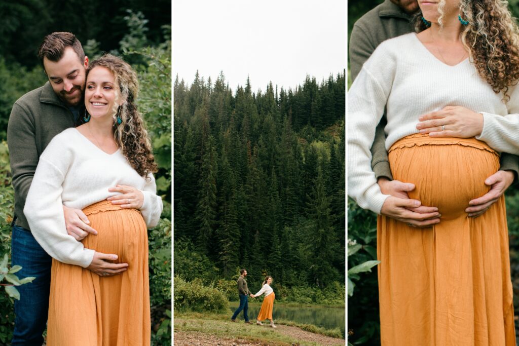 Expectant mother in a white sweater and mustard skirt embraces her partner during a natural outdoor maternity session in Coeur d’Alene, Idaho.