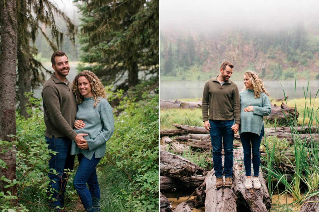 Expectant couple stands together on fallen logs near a misty forest lake in Coeur d’Alene, documenting pregnancy with timeless maternity photography.