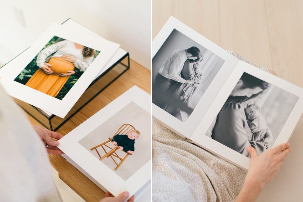 Heirloom maternity and newborn photo album with fine art prints, designed for families in Coeur d’Alene to preserve pregnancy and early parenthood.
