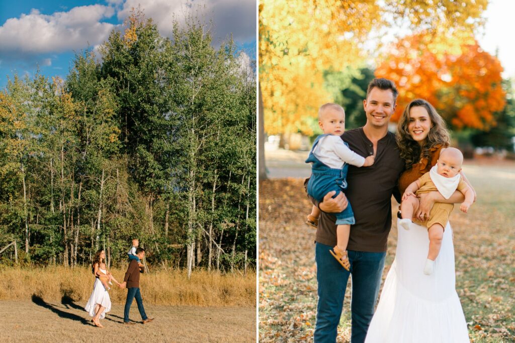 Family of four in fall attire posing among autumn leaves for an outdoor family portrait session in Coeur d’Alene