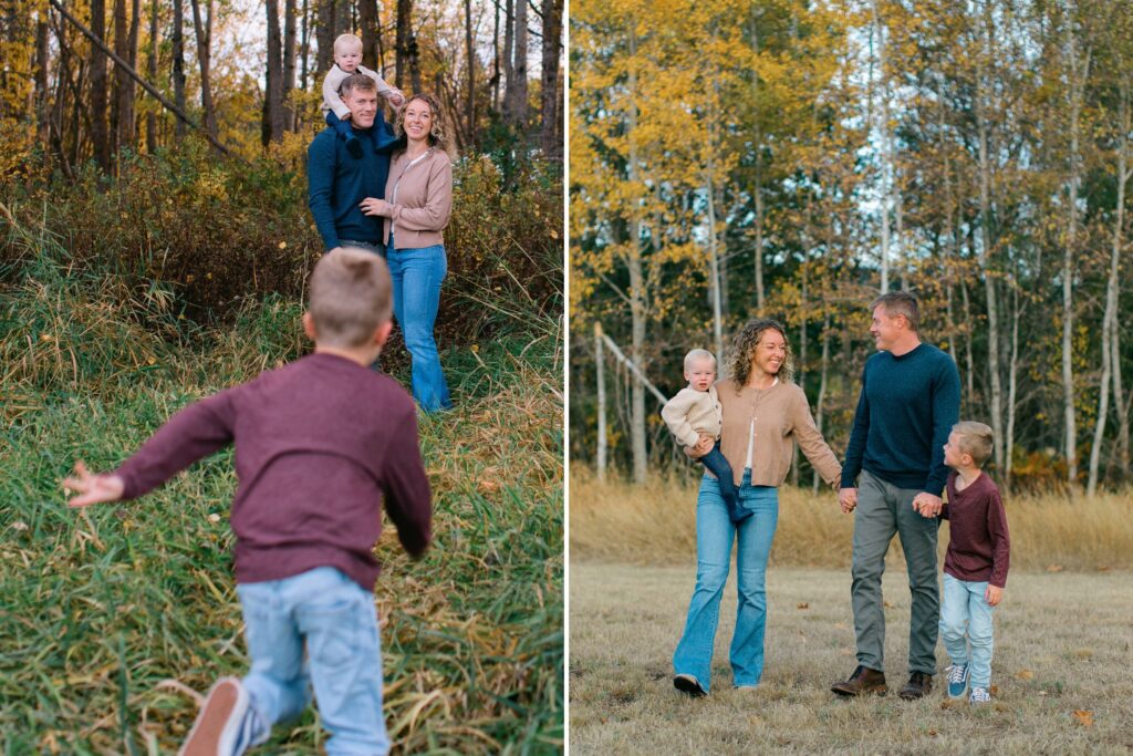 a family smiling and playing in a Coeur d’Alene field during a fall outdoor family portrait session, dressed in light and comfortable clothing.