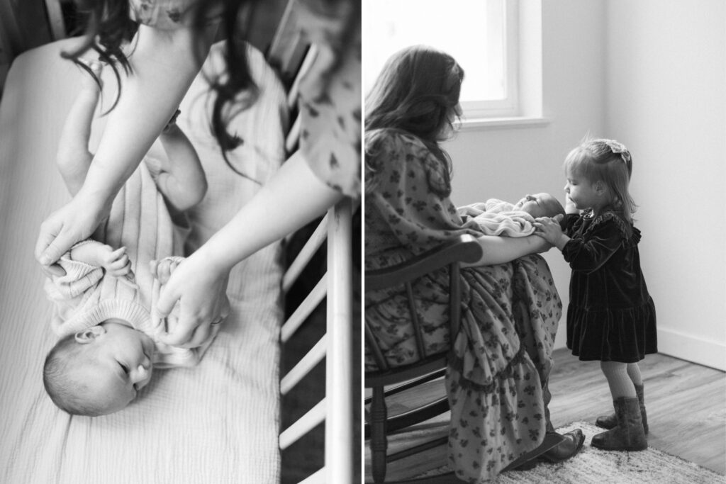 mom swaddling and
holding baby boy while toddler daughter leans in to kiss him on the forehead