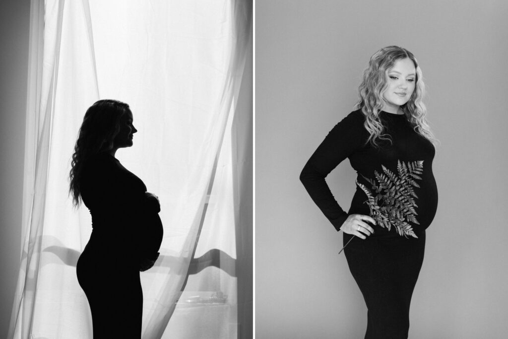 studio maternity photos in coeur d'alene idaho, mom in black dress silhoutted against window