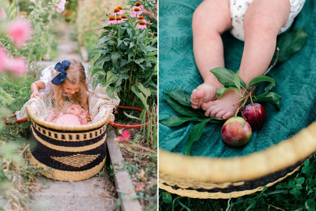 toddler and newborn playing and enjoying a colorful garden during a spring family photography session in Coeur d’Alene