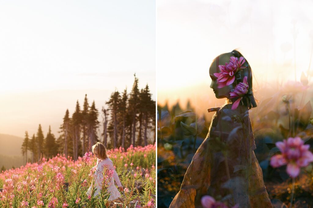Siblings running and playing in wildflowers during a family session in Coeur d'Alene featuring a double exposure