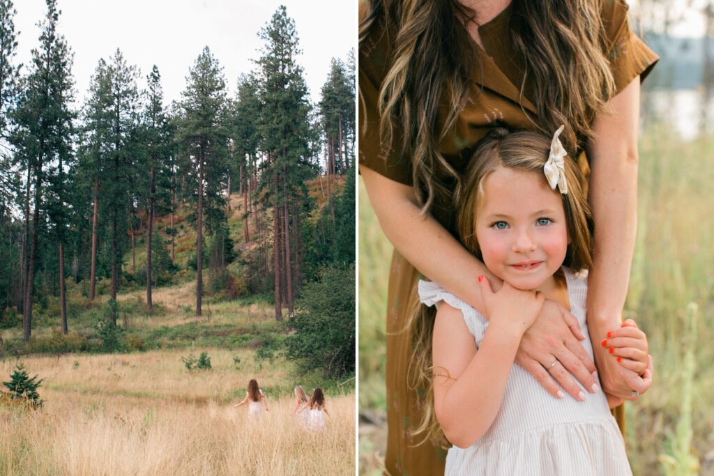 mom and daughter cuddling and little girls running through the woods at a trail in coeur d'alene idaho