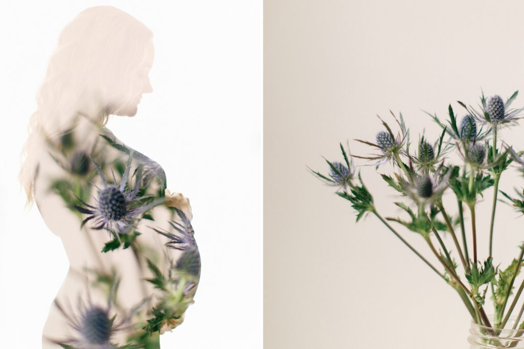 Artistic double exposure maternity portrait created in a Coeur d'Alene photography studio