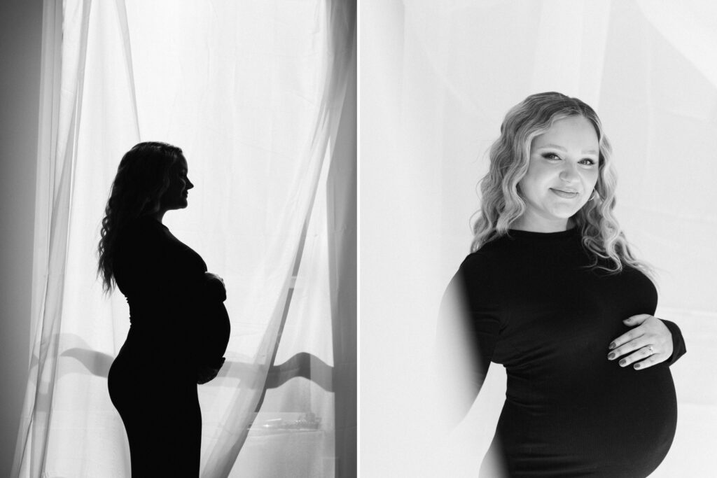 Creative black and white maternity photos of an expecting mother photographed in natural light studio in Coeur d'Alene