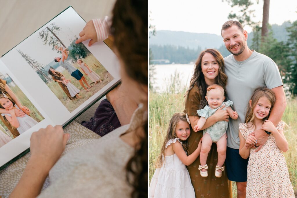 mom looking at photo album with toddler pointing at pictures and her family smiling during a photo session by lake coeur d'alene