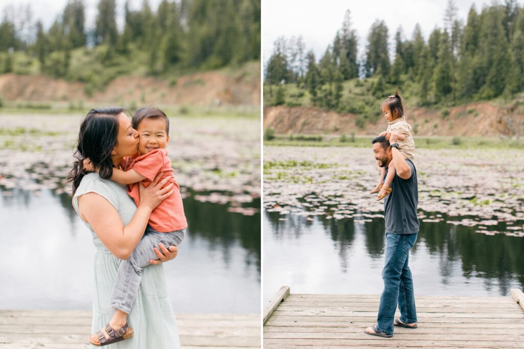 candid moments of cousins and parents playing by the lake during coeur dalene multigenerational family session