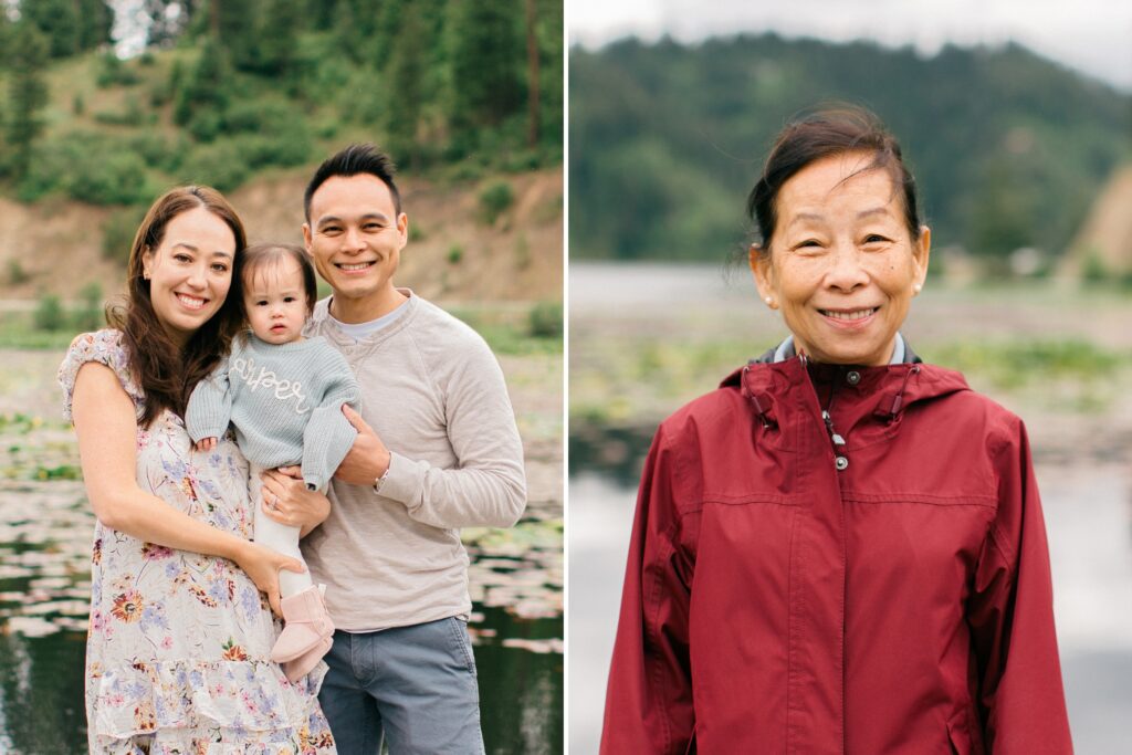portrait of grandmother smilling into the camera and daughter with husband and grandchild at lake coeur dalene