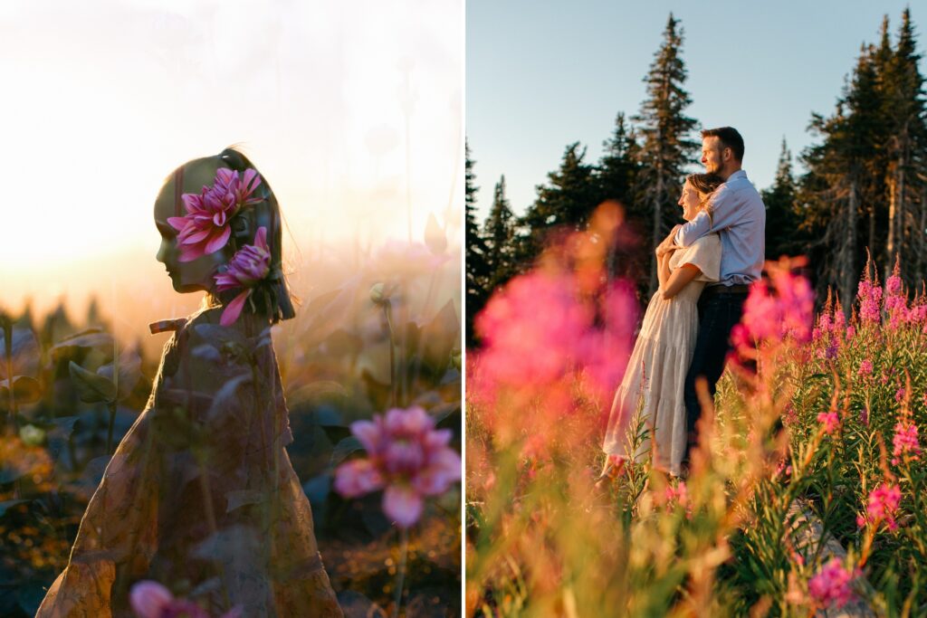 mom and dad cuddling, double exposure of daughter on mt spokane amid wildflowers at sunset