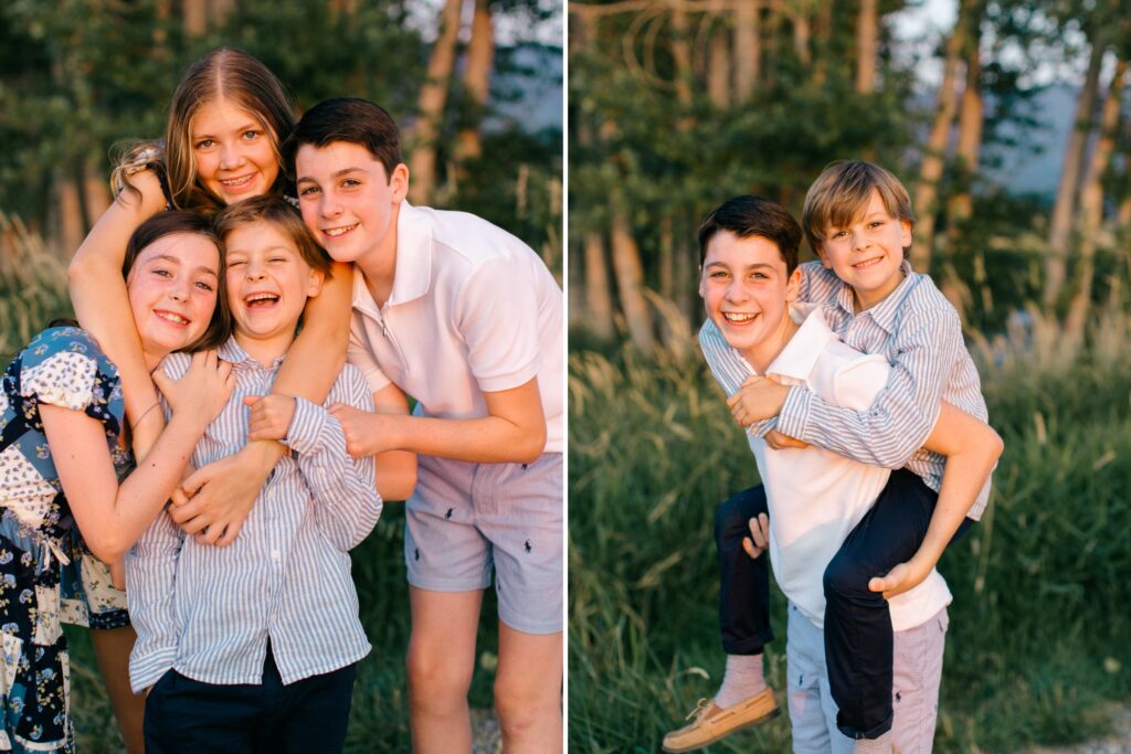 siblings playing with each other during golden hour family photos in Liberty Lake