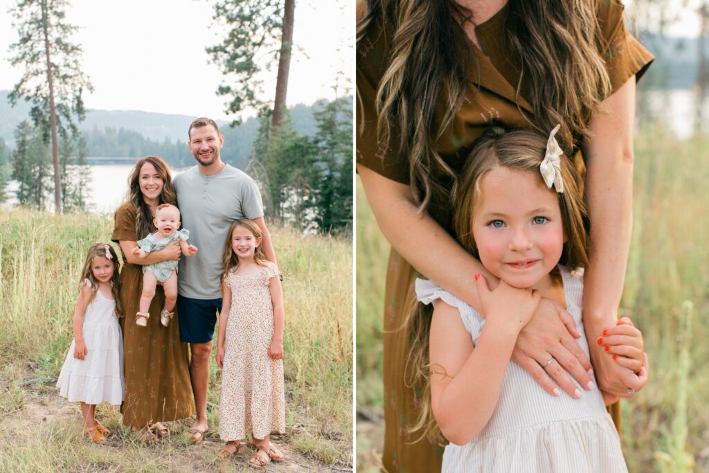 Family photography session on Lake Coeur d’Alene shoreline at sunset