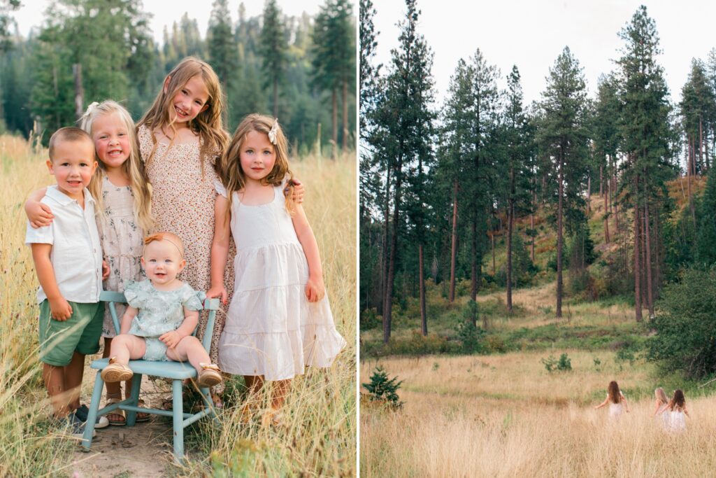 Outdoor family portraits with water and trees at Lake Coeur d’Alene golden hour