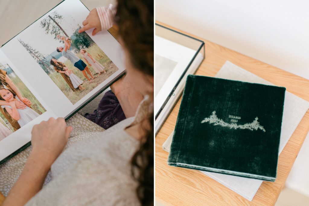 Heirloom family photo album open on table featuring outdoor North Idaho session images
