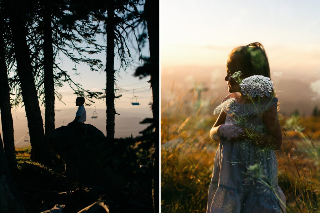silhouettes of kids candidly captures on mount spokane during golden hour
