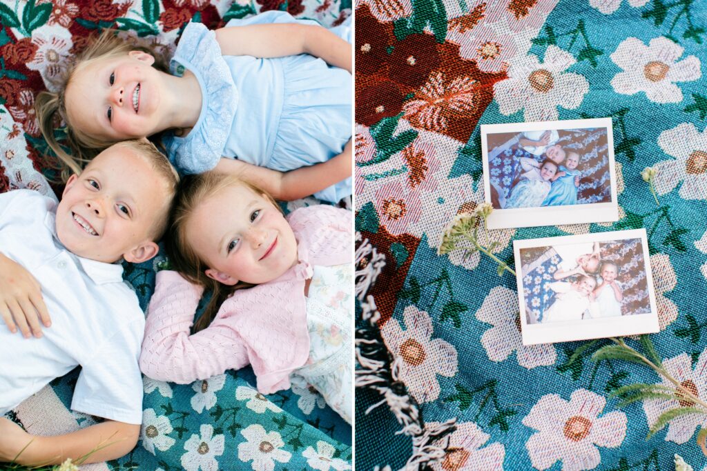 kids laying on blanket at the top of mt spokane with polaroids
