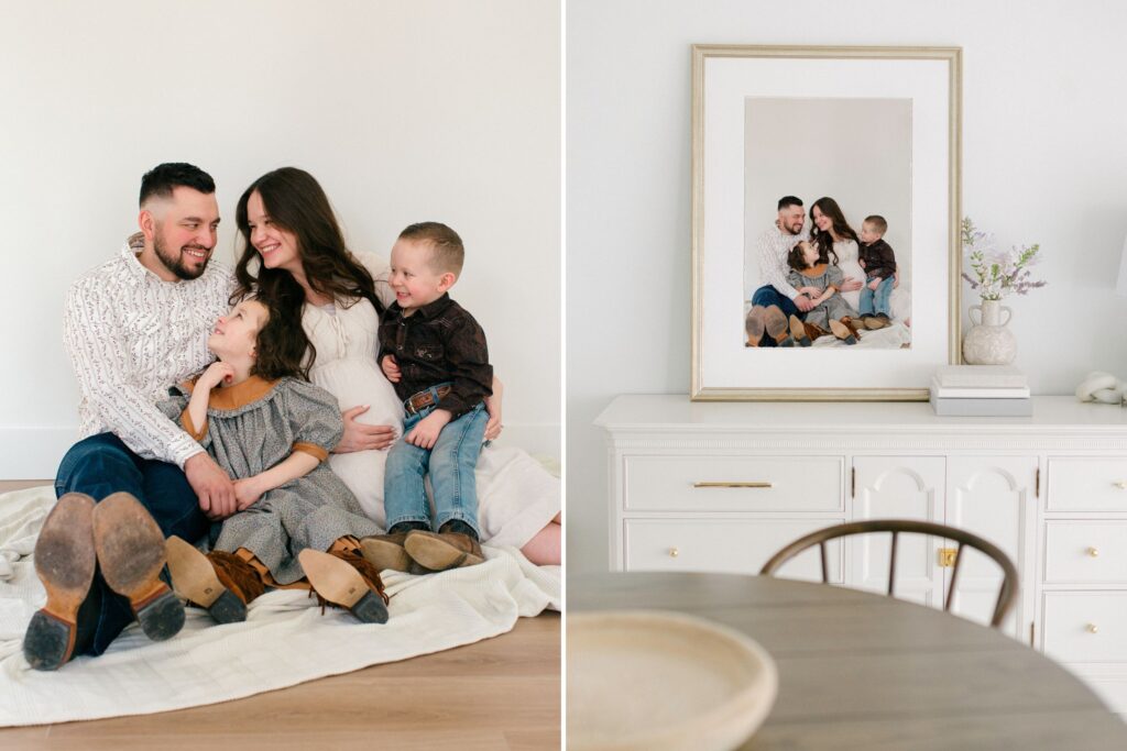 family with pregnant mom in a natural light studio in north idaho with a framed fine art portrait 