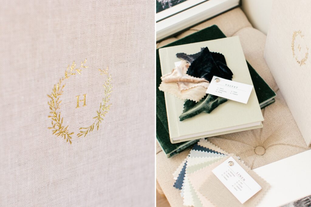 heirloom albums with custom embossing in linen and velvet