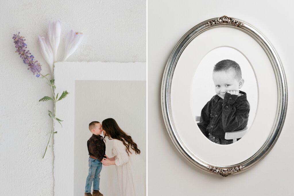 heirloom silver oval frame of young boy and fine art print of mother and son in coeur dalene photography studio