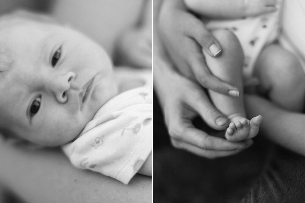 detailed close ups of a newborn nose and toes in black and white in a coeur d'alene idaho studio 