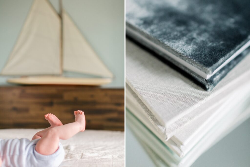baby feet in a natural lit studio in coeur d'Alene idaho next to an image of a detail shot of a stack of heirloom linen and velvet baby albums 