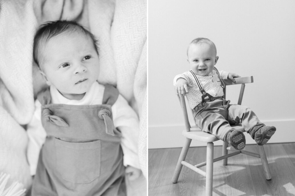 two photos of a little boy, one as a newborn and one as a 7 month old at a sitter milestone session in a coeur d'alene idaho studio