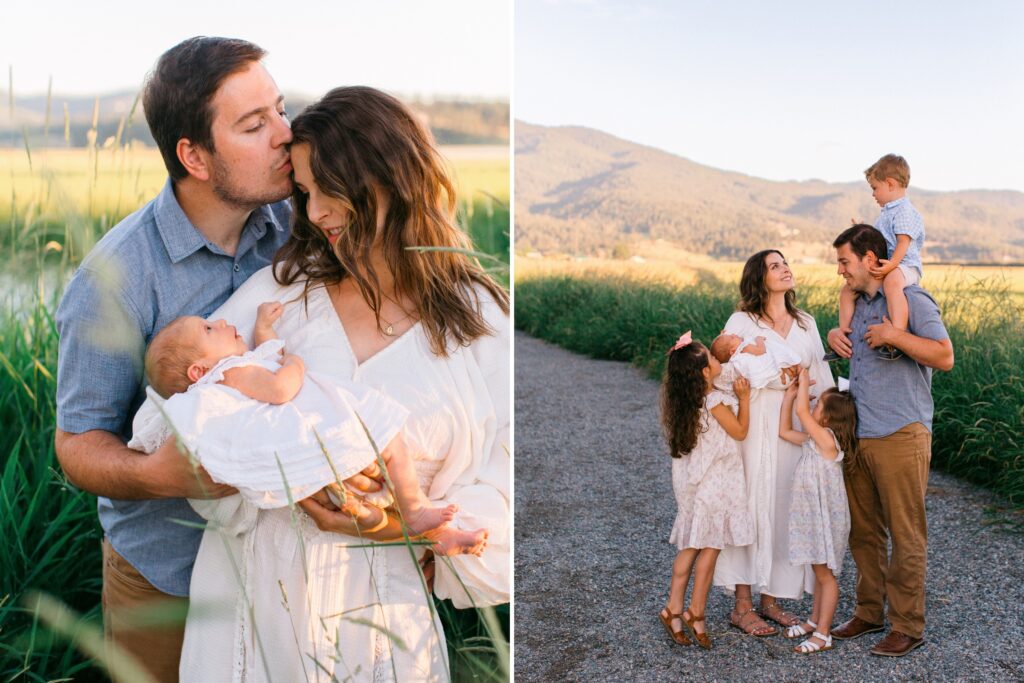 newborn family portraits with siblings and  peaceful mom and dad outside during golden hour with the mountains in the background in coeur d'alene idaho