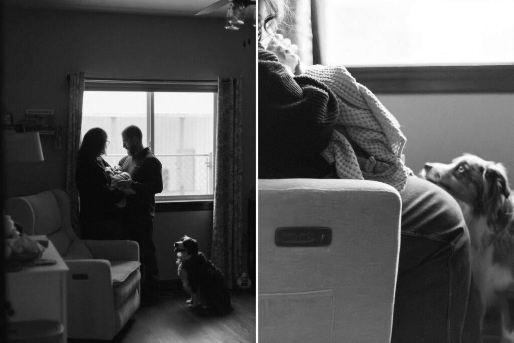 mom and dad holding newborn baby while the family dog sits at his feet in a warm, naturally lit home nursery