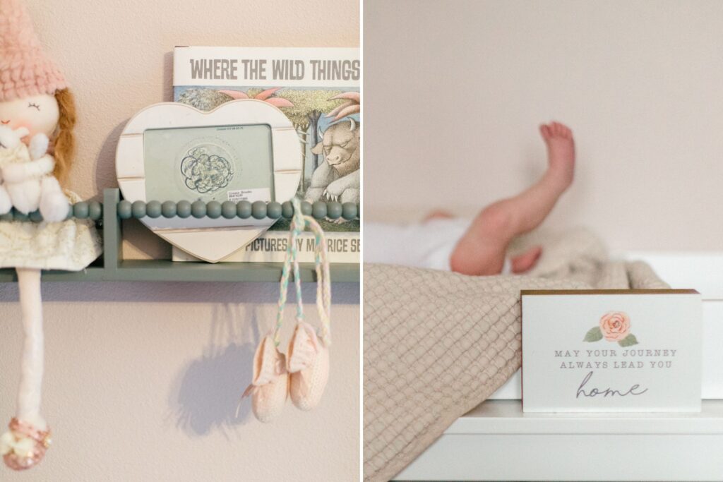 little girl's nursery details including ballet slippers, her ivf implantation photo framed, and a picture of her tiny toes 