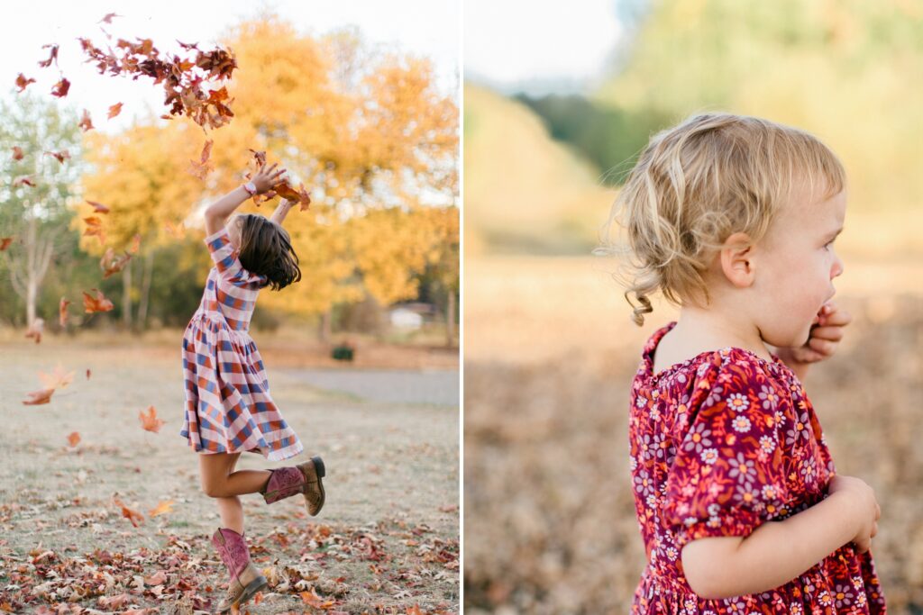 little girl twirling and throwing leaves in coeur dalene idaho and a detail shot of tiny curls in a fall dress