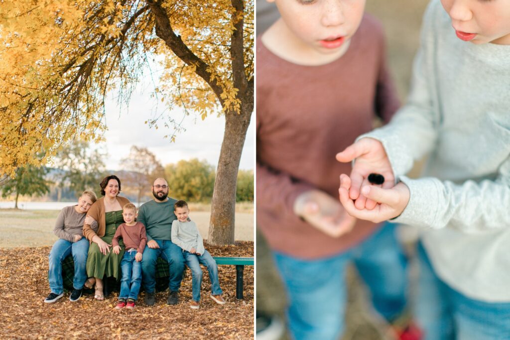 family during a fall portrait session smiling and exploring the park and finding a caterpillar